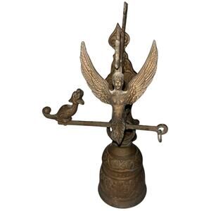 Vintage Ornate Brass Monastery Wall Bell Figural Angel Dragon Latin Inscription